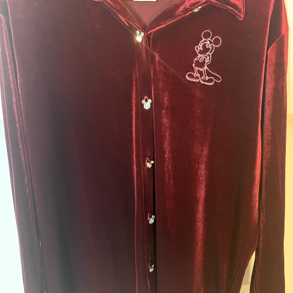 Vintage Disney Velour Long Sleeve Button Up in Burgundy Mickey Mouse SZ Large - Picture 3 of 14